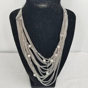 Vintage Multi-strand silvertone Beads and Chains charm Necklace Statement